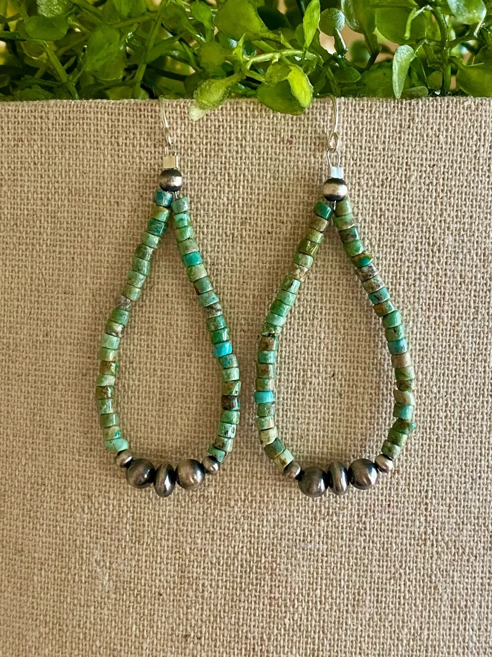 E16 Turquoise Heishi bead & sterling silver desert pearls dangle hoop earrings